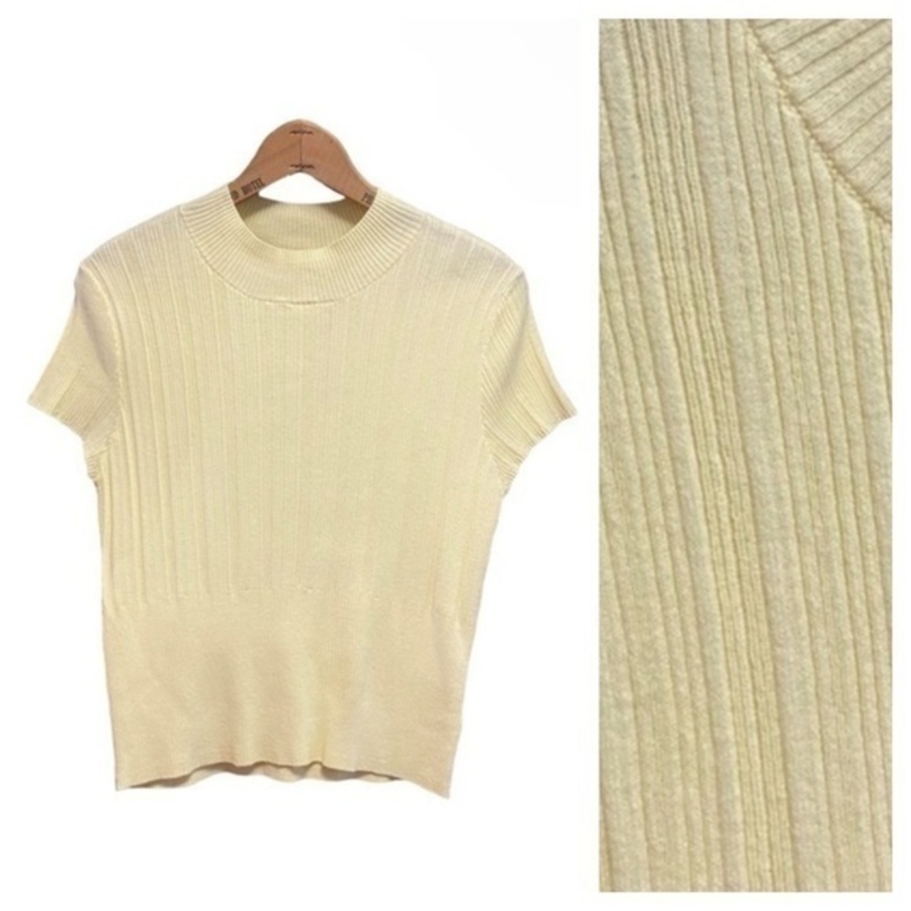 House of Harlow 1960 Pastel Yellow Knit Ribbed Mock Neck Short Sleeve Sweater M